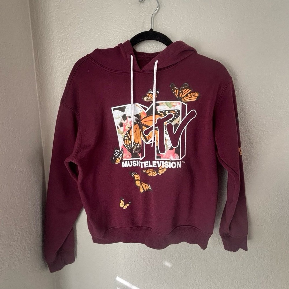 MTV Burgundy Butterfly‎ Logo Hoodie Sweatshirt Size S